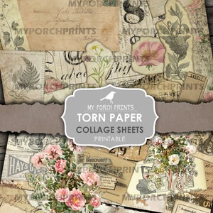 May include: A digital collage sheet featuring torn paper with vintage images, including flowers, text, and musical notes. The sheet is printable and perfect for scrapbooking, card making, and other craft projects.