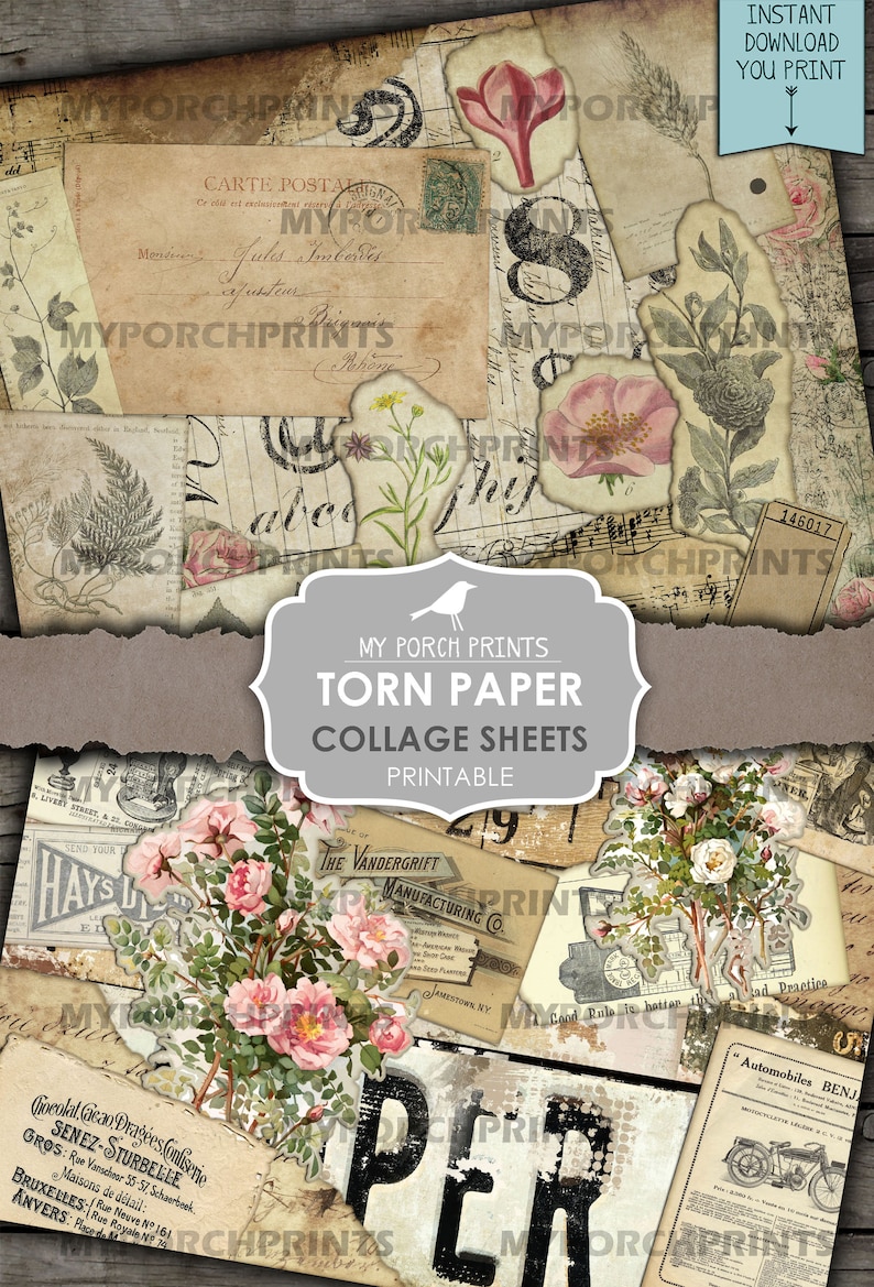 May include: A digital collage sheet featuring torn paper with vintage images, including flowers, text, and musical notes. The sheet is printable and perfect for scrapbooking, card making, and other craft projects.