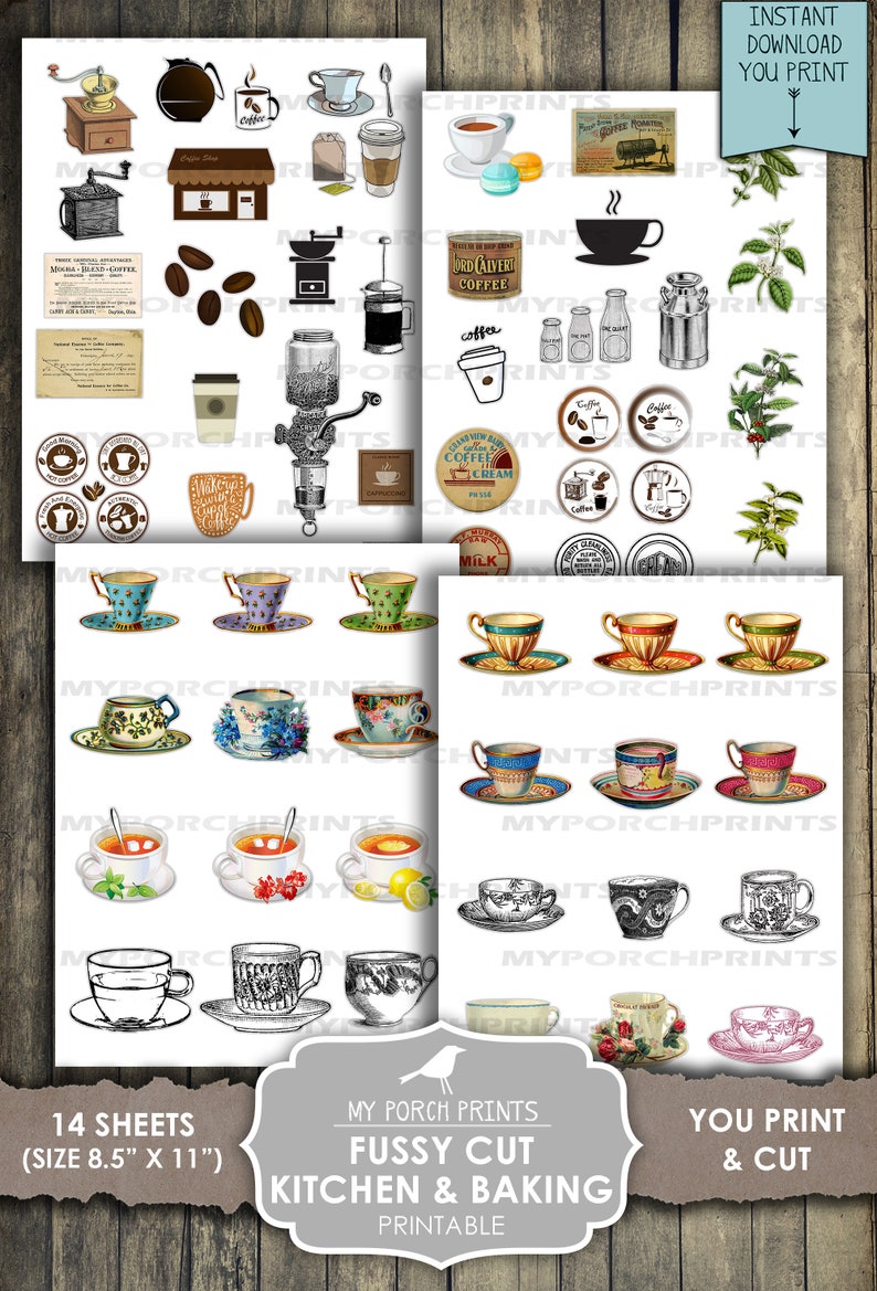 K&ouml;nnte beinhalten: 14 bedruckbare Bl&auml;tter mit sorgf&auml;ltig ausgeschnittenen K&uuml;chen- und Backmotiven. Die Bilder zeigen Kaffeetassen, Teetassen, Kaffeebohnen, Kaffeem&uuml;hlen, Kaffeekannen, Milchkannen und Kaffeeschilder. Die Bl&auml;tter sind 8,5 Zoll mal 11 Zoll gro&szlig;.