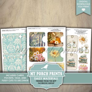 Puede incluir: Descarga digital imprimible para manualidades. Incluye tarjetas, bolsillos, etiquetas y recortes delicados con un tema de margarita. El texto dice "My Porch Prints Daisy Waterfall Freebie from the MPP Facebook Group Printable".