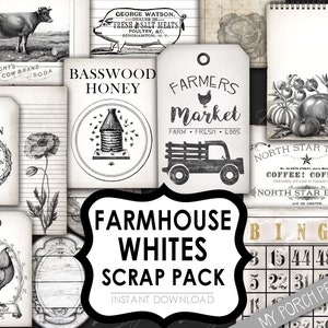 Ferme, kit de journal indésirable, ferme, noir et blanc, paquet de ferraille, éphémère, papier, carte de bingo, imprimable, carte postale, vintage, neutre, à télécharger