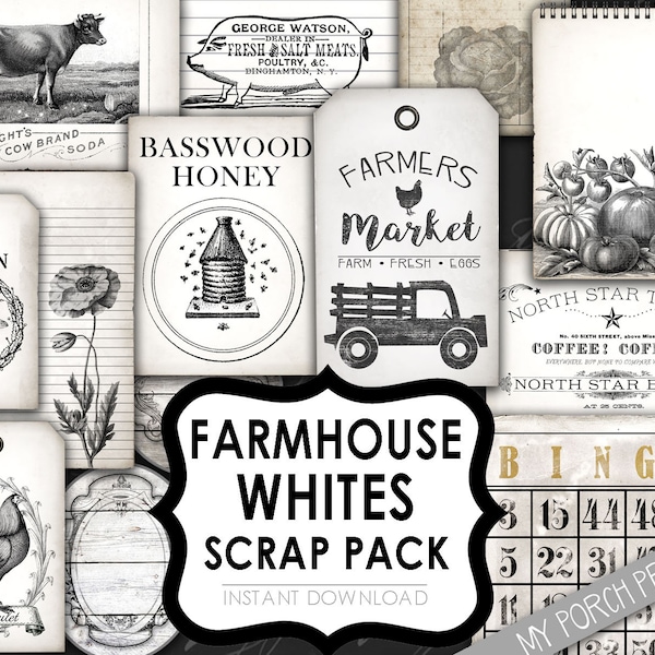 Farmhouse,  junk journal kit, farm, black & white, Scrap Pack, ephemera, paper, bingo card, printable, postcard, vintage, neutral, download