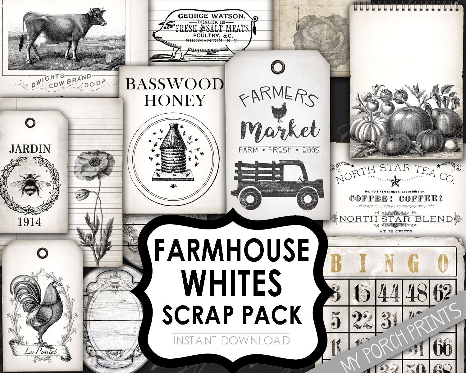 Farmhouse,  junk journal kit, farm, black & white, Scrap Pack, ephemera, paper, bingo card, printable, postcard, vintage, neutral, download