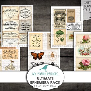 May include: A collection of vintage ephemera prints featuring botanical illustrations, butterflies, and French advertisements. The prints include images of bicycles, roses, and text that reads "Instant Download You Print" and "Ultimate Ephemera Pack".