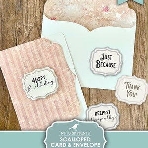 May include: Printable template for a scalloped card and envelope. The template features a pink and white striped background with a scalloped edge. The card includes the text "Happy Birthday" and the envelope includes the text "Just Because".