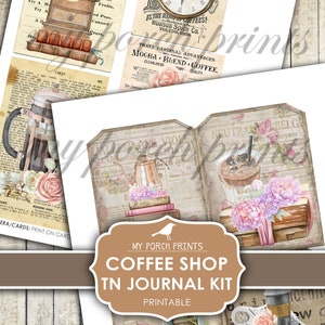 Op de afbeelding: Printbare digitale collagekit voor journalen met vintage afbeeldingen van een koffiehuis. De kit bevat afbeeldingen van koffiemolens, theepotten, boeken, bloemen en tekst. De tekst bevat "Coffee Shop TN Journal Kit" en "My Porch Prints".