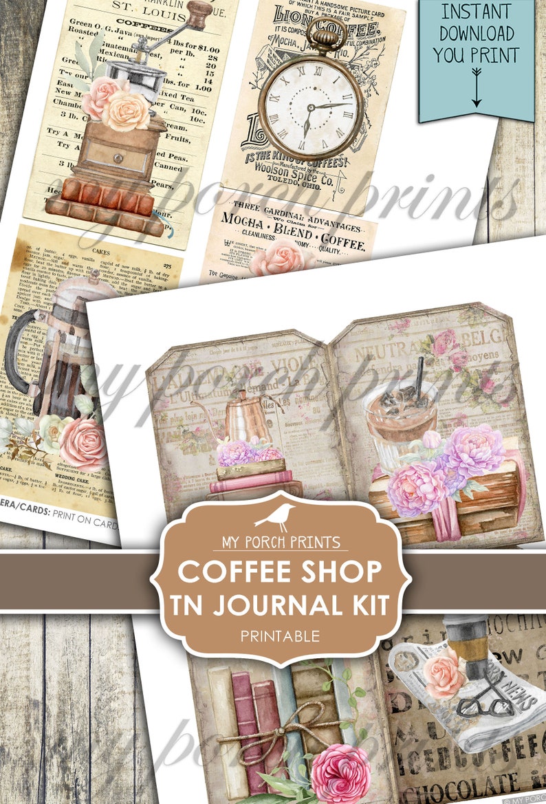 Op de afbeelding: Printbare digitale collagekit voor journalen met vintage afbeeldingen van een koffiehuis. De kit bevat afbeeldingen van koffiemolens, theepotten, boeken, bloemen en tekst. De tekst bevat "Coffee Shop TN Journal Kit" en "My Porch Prints".