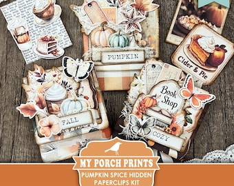 Pumpkin Spice Hidden Paperclips Kit, 3, Junk Journal, Paper Clip, Bookmark, Fall, Autumn, My Porch Prints, Printable, Digital Download