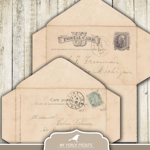 May include: Two vintage envelopes with handwritten addresses and stamps. The top envelope has the text "POSTAL CARD" and "WRITE THE ADDRESS ON THIS SIDE - THE MESSAGE ON THE OTHER" printed on it. The bottom envelope has the text "Carte postale" and "Ce c&ocirc;t&eacute; est exclusivement r&eacute;serv&eacute; &agrave; l'adresse" printed on it.
