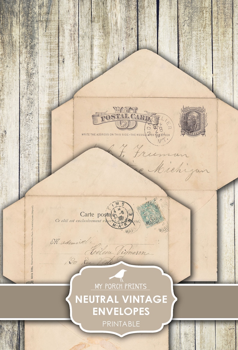 May include: Two vintage envelopes with handwritten addresses and stamps. The top envelope has the text "POSTAL CARD" and "WRITE THE ADDRESS ON THIS SIDE - THE MESSAGE ON THE OTHER" printed on it. The bottom envelope has the text "Carte postale" and "Ce c&ocirc;t&eacute; est exclusivement r&eacute;serv&eacute; &agrave; l'adresse" printed on it.