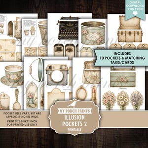 May include: A digital download printable set titled My Porch Prints Illusion Pockets 2, featuring vintage-style illustrations of a typewriter, tea tin, camera, trunk, floral arrangements, and tags. Includes 10 pockets and matching tags/cards.
