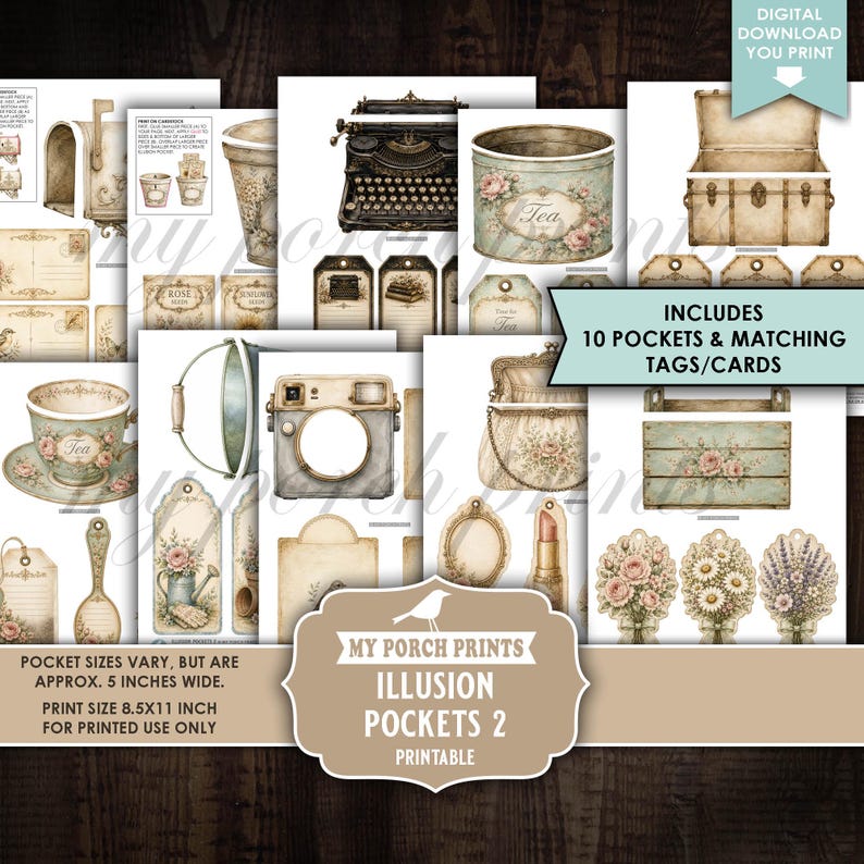 May include: A digital download printable set titled My Porch Prints Illusion Pockets 2, featuring vintage-style illustrations of a typewriter, tea tin, camera, trunk, floral arrangements, and tags. Includes 10 pockets and matching tags/cards.