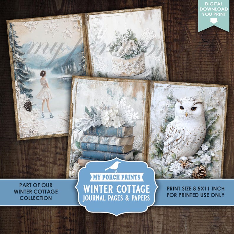 Winter Cottage Junk Journal PAGES & PAPERS, Vintage, Snow, Blue, White ...
