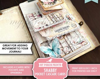 Shabby Pocket Cascade Cards, Junk Journal, Ephemera, Card, Movement, Waterfall, Pink, Floral, My Porch Prints, Digital Download, Printable