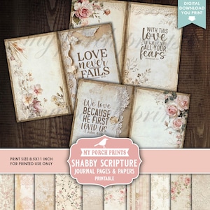 以下が含まれることがあります： 印刷可能なシャビー・スクリプト・ジャーナルページとペーパーのコレクション。ページには、花柄のデザイン、レースのトリム、そして「Love Never Fails」のようなインスピレーションを与える引用句が掲載されています。カラーパレットは、ソフトピンク、クリーム、ブラウンで、ヴィンテージな美学です。