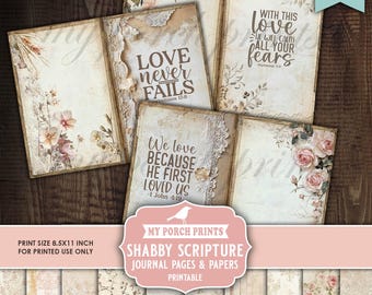 Shabby Scripture Junk Journal PAGES & PAPERS, Faith Bible Verses Prayer Roses Devotional Pink My Porch Prints, Printable, Digital Download