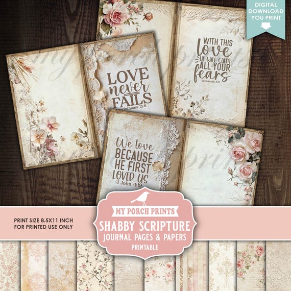 Shabby Scripture Junk Journal PAGES & PAPERS, Faith Bible Verses Prayer Roses Devotional Pink My Porch Prints, Printable, Digital Download