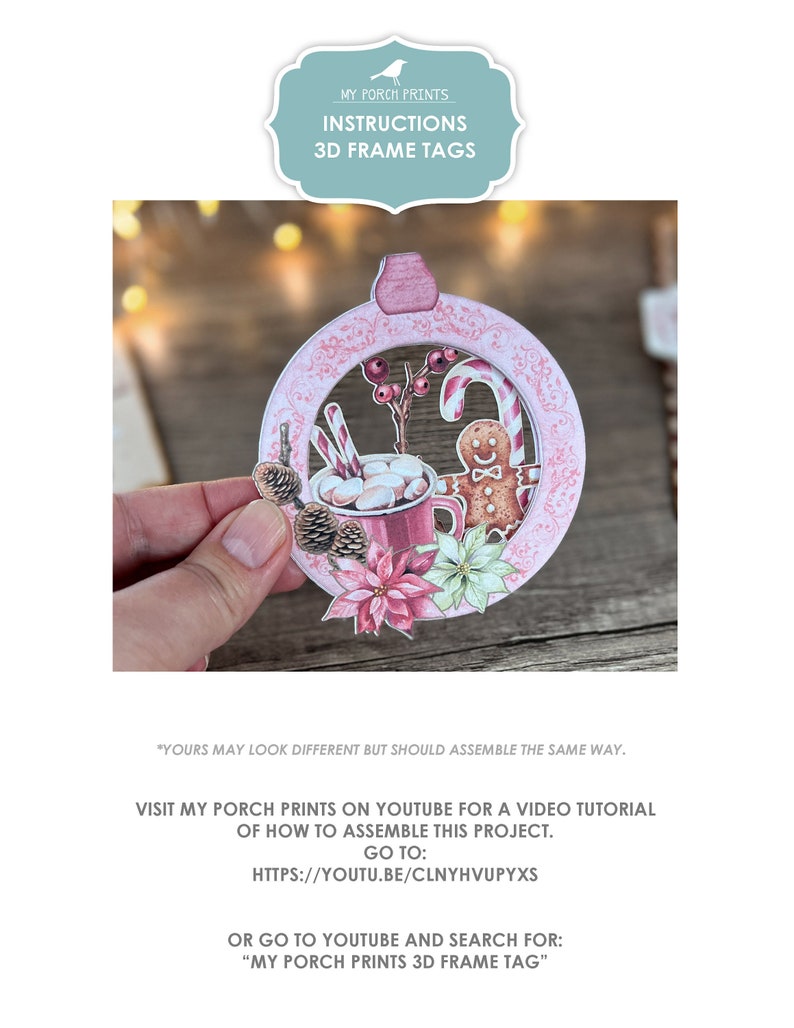 Puede incluir: Una etiqueta de marco 3D rosa y blanca con un tema navide&ntilde;o de invierno. La etiqueta presenta un hombre de jengibre, una taza de chocolate caliente con malvaviscos, bastones de caramelo y pi&ntilde;as. La etiqueta est&aacute; decorada con un borde festoneado rosa y blanco. El texto "MY PORCH PRINTS INSTRUCTIONS 3D FRAME TAGS" est&aacute; en la parte superior de la imagen. El texto "VISIT MY PORCH PRINTS ON YOUTUBE FOR A VIDEO TUTORIAL OF HOW TO ASSEMBLE THIS PROJECT. GO TO: HTTPS://YOUTU.BE/CLNYHVUPYXS OR GO TO YOUTUBE AND SEARCH FOR: "MY PORCH PRINTS 3D FRAME TAG" est&aacute; en la parte inferior de la imagen.