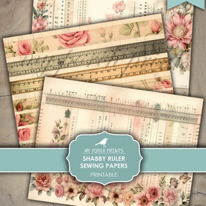 Op de afbeelding: Printbare digitale papierset met vintage linialen en bloemmotieven met roze rozen, groene bladeren en vlinders. De tekst "My Porch Prints Shabby Ruler Sewing Papers Printable" is in de afbeelding opgenomen.