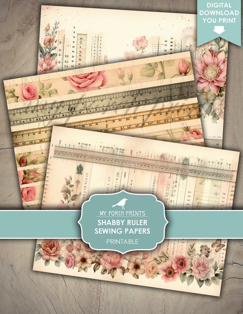 Op de afbeelding: Printbare digitale papierset met vintage linialen en bloemmotieven met roze rozen, groene bladeren en vlinders. De tekst "My Porch Prints Shabby Ruler Sewing Papers Printable" is in de afbeelding opgenomen.