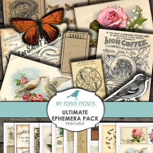 May include: A collection of vintage ephemera, including postcards, botanical illustrations, and butterfly images. The design features a variety of antique papers, with text and illustrations. The words "Ultimate Ephemera Pack Printable" are also visible.
