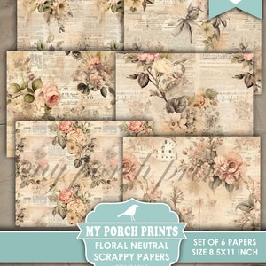 Floral Neutral Scrappy Papers, Junk Journal Pages, Vintage, Shabby, Backing, Paper, Pink, Rose, My Porch Prints, Printable, Digital Download image 4