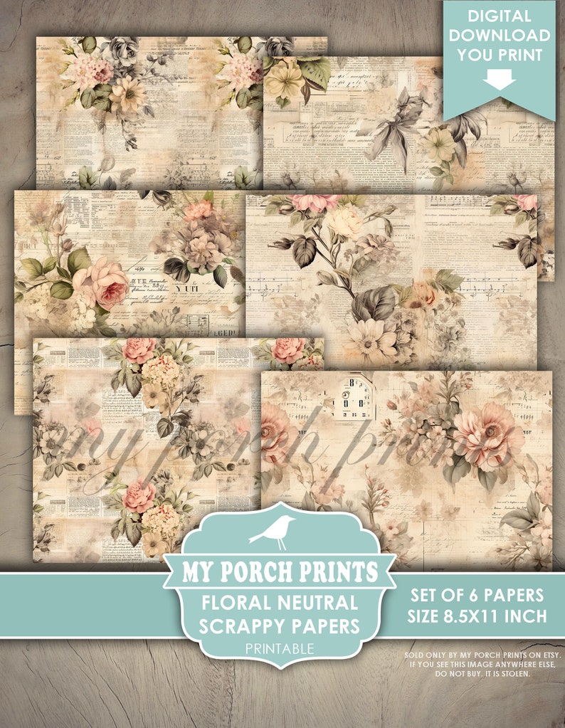 Floral Neutral Scrappy Papers, Junk Journal Pages, Vintage, Shabby, Backing, Paper, Pink, Rose, My Porch Prints, Printable, Digital Download image 4