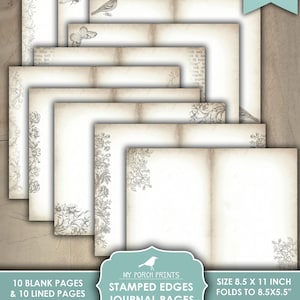 May include: Printable journal pages with a vintage aesthetic. The pages feature a decorative border with floral and bird illustrations. The text on the pages reads "folge thaje bat loft und che in bes ift bab Slage be all organ". The pages are 8.5 x 11 inches and fold to 8.5 x 5.5 inches.