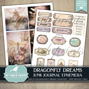 May include: A set of printable digital ephemera featuring dragonfly illustrations and text labels. The labels include phrases like "Dragonfly Wings", "Float", "Lake Time", "Journal", "Dragonfly", "Dragonflies", "Flutter", "Free Spirit", "Whisper", "Wisdom", "Wings", and "Summer". The images are in a vintage style with watercolor and floral elements.