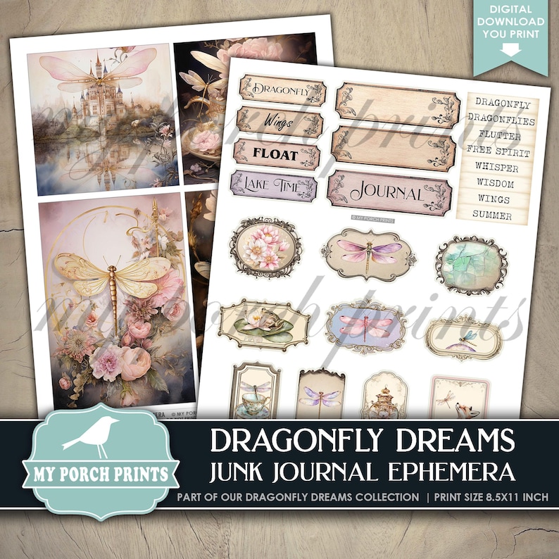 May include: A set of printable digital ephemera featuring dragonfly illustrations and text labels. The labels include phrases like "Dragonfly Wings", "Float", "Lake Time", "Journal", "Dragonfly", "Dragonflies", "Flutter", "Free Spirit", "Whisper", "Wisdom", "Wings", and "Summer". The images are in a vintage style with watercolor and floral elements.
