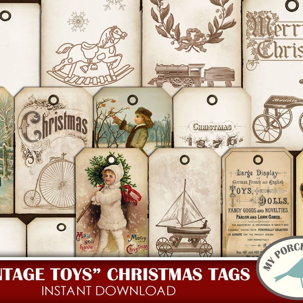 Vintage Toys, Christmas Tags, gift tags, Santa, Scrapbook, junk journal kit, ephemera, printable, embellishment, Christmas tree, ornament