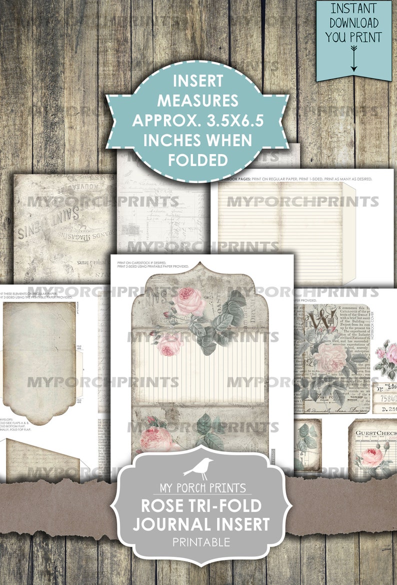 Junk Journal, Kit, Rose, Tri-Fold, Journal Insert, Ephemera, Handmade, Printable, Embellishment, Vintage, Digital, Download, My Porch Prints image 3
