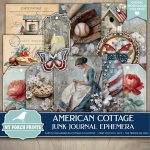 American Cottage EPHEMERA, Junk Journal Kit 4th of July Red White Blue USA Patriotic America My Porch Prints Printable Digital Download