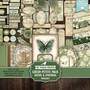 以下が含まれることがあります： 緑とクリーム色のエフェメラと紙のコレクション。タグ、ラベル、模様入りのシートが含まれています。画像には、蝶のイラスト、鳥、テキスト「My Porch Prints Green Petite Pack Papers & Ephemera Printable」が表示されています。