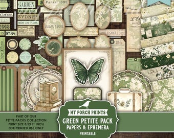 Green Petite Pack Junk Journal Ephemera and Papers Kit, St. Patrick's Day Labels Fussy Cuts Lucky My Porch Prints Printable Digital Download