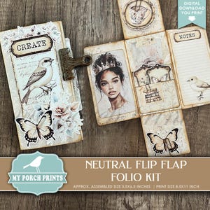Neutral Flip Flap Folio Kit, Junk Journal Shabby Folder Gift Topper Ivory Vintage Happy Mail My Porch Prints Digital Download Printable