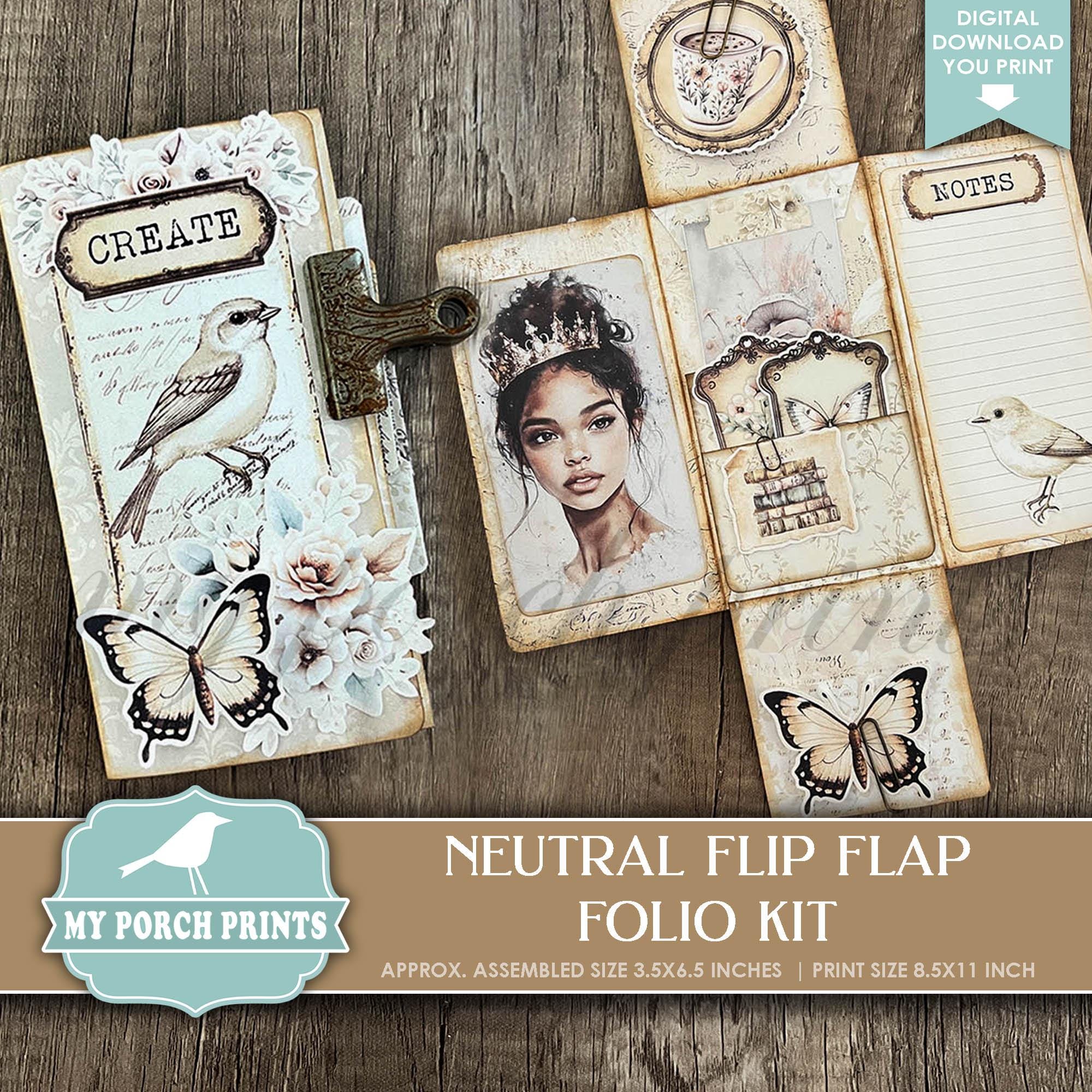 Neutral Flip Flap Folio Kit, Junk Journal Shabby Folder Gift