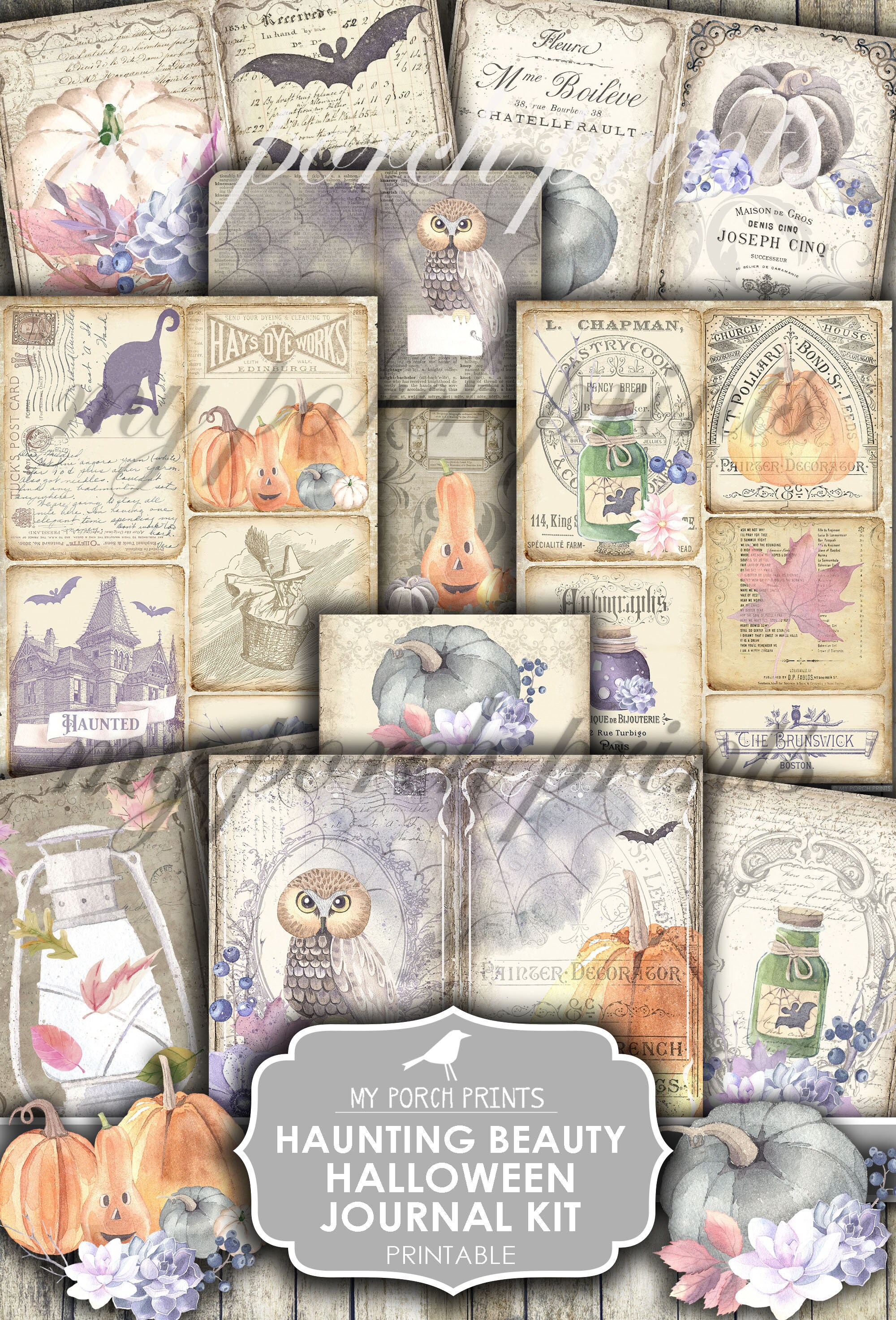 Halloween Junk Journal Kit, Haunting Beauty, Pumpkin, Owl, Potions, Ephemera, Autumn, Fall, Printabl