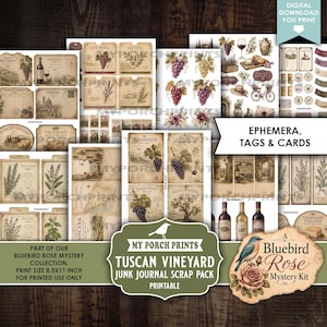 May include: A collection of printable ephemera, tags, and cards featuring Tuscan vineyard themes, including illustrations of grapes, wine bottles, herbs, and landscapes. The sheets contain various labels and vintage-style paper designs.