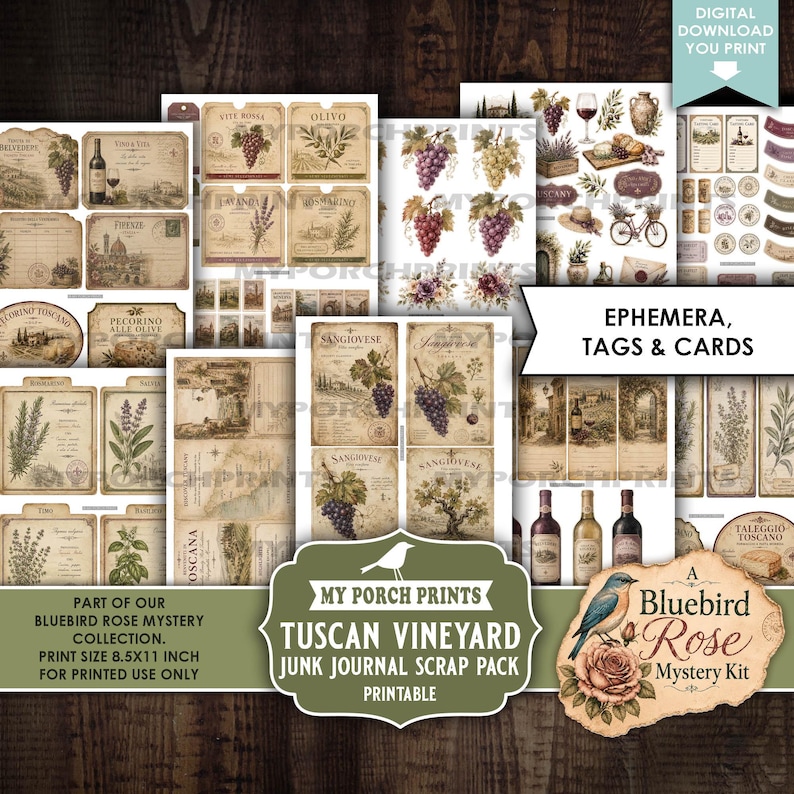 May include: A collection of printable ephemera, tags, and cards featuring Tuscan vineyard themes, including illustrations of grapes, wine bottles, herbs, and landscapes. The sheets contain various labels and vintage-style paper designs.