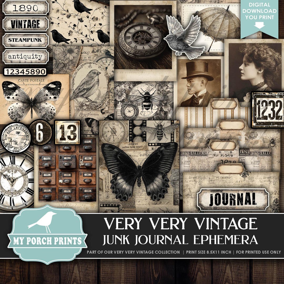 Very Very Vintage EPHEMERA Junk Journal Kit Steampunk Ivory Black White ...