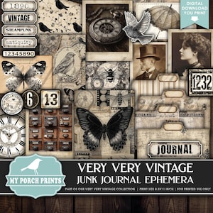 Pu&ograve; includere: Un collage di effimeri vintage a tema steampunk. Include farfalle, orologi, un orologio da tasca e un uomo con un cappello a cilindro. Il testo include "Vintage", "Steampunk" e "Journal". La dimensione di stampa &egrave; 21,6 x 27,9 cm.
