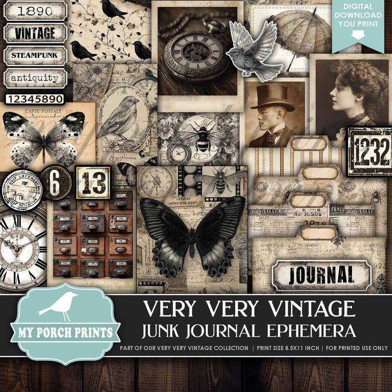 Pu&ograve; includere: Un collage di effimeri vintage a tema steampunk. Include farfalle, orologi, un orologio da tasca e un uomo con un cappello a cilindro. Il testo include "Vintage", "Steampunk" e "Journal". La dimensione di stampa &egrave; 21,6 x 27,9 cm.