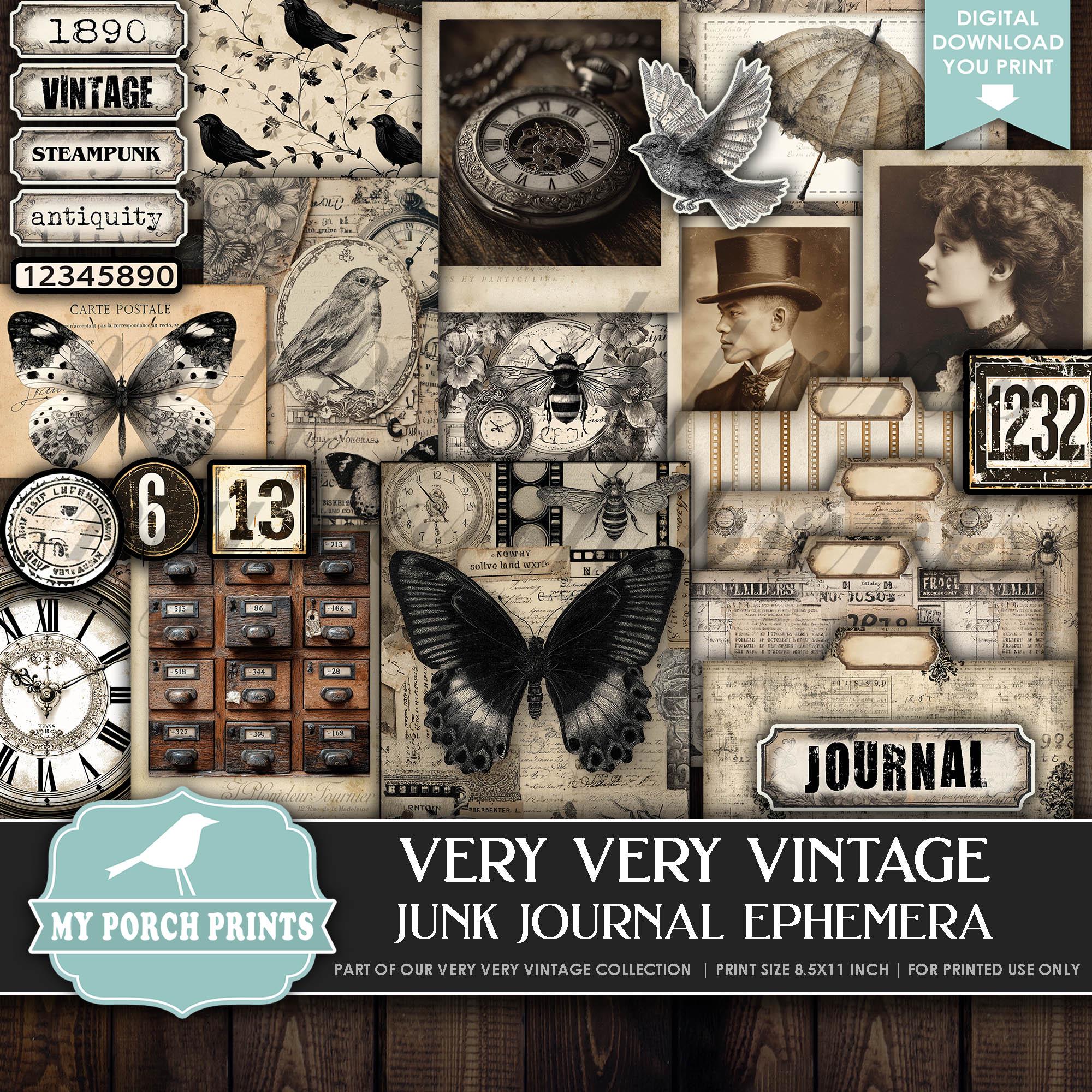 Very Very Vintage EPHEMERA Junk Journal Kit Steampunk Ivory Black White ...