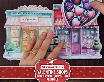 Valentine Shops Pocket Junk Journal Kit, Hidden House Valentine's Day No-Sew Craft Gift Card Idea My Porch Prints Digital Download Printable