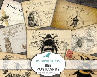 Bee ansichtkaarten, afdrukbare Ephemera, Junk Journal Ephemera, imker, ATC, kaart, Vintage, postkaart, honing, digitaal, collageblad, downloaden