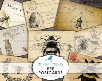 Bee ansichtkaarten, afdrukbare Ephemera, Junk Journal Ephemera, imker, ATC, kaart, Vintage, postkaart, honing, digitaal, collageblad, downloaden