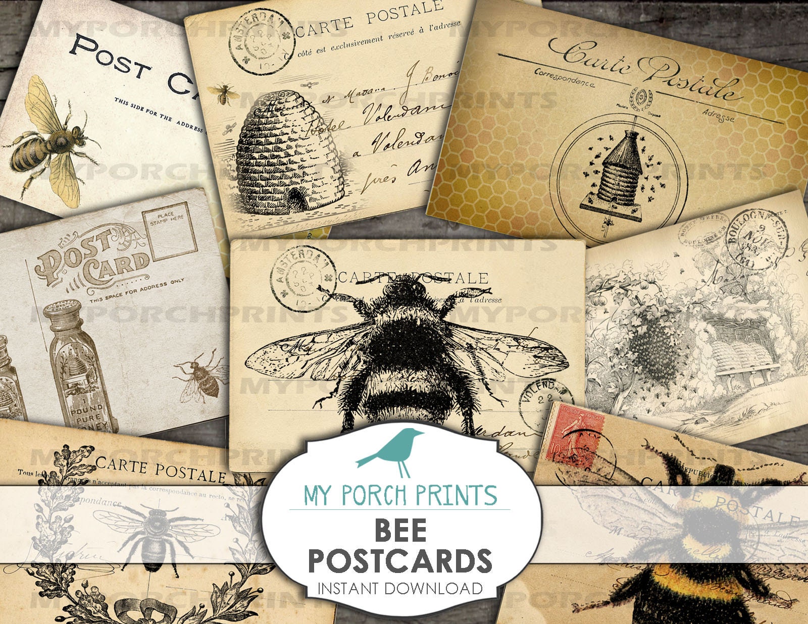 Bee Postcards, Printable Ephemera, Junk Journal Ephemera, Beekeeper, ATC, Card, Vintage, Post Card, Honey, Digital, Collage Sheet, Download