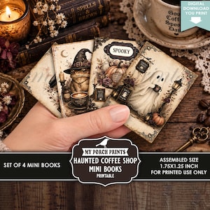 May include: A set of four miniature books featuring haunted coffee shop illustrations, including a frog in a witch hat and a ghost holding a coffee cup. The books have an assembled size of 1.75 by 1.25 inches and display text including SPOOKY.
