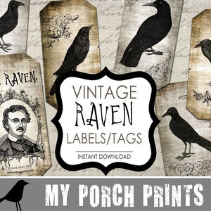 Halloween decorations, Raven, Edgar Allan, Poe, tag, label, scrapbook paper, scrapbook embellishment, digital paper, ephemera, junk journal image 3